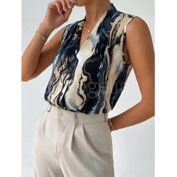 Marble Print Button Down Collared Sleeveless Blouse Top - Picture 5 of 11